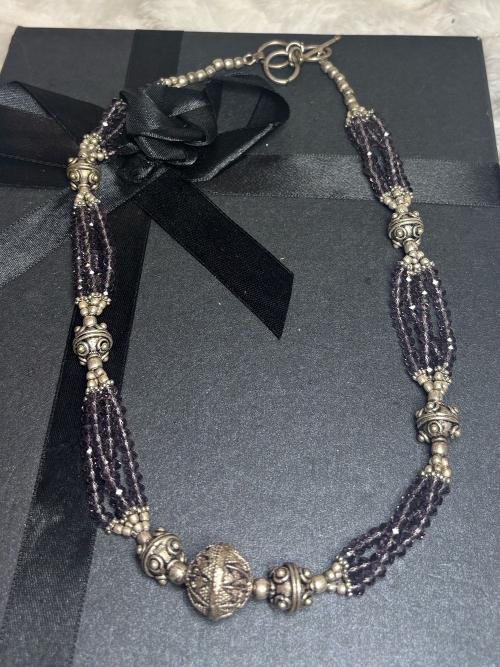 Handcrafted Silver Bead and Dark Purple Strand Necklace